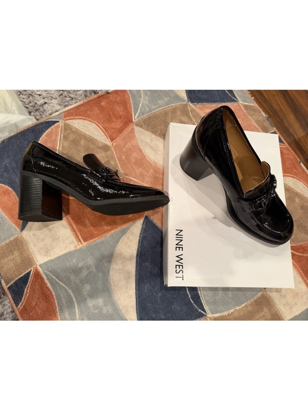 Nine West Black Patent Block Heel Loafers - Picture 1 of 2